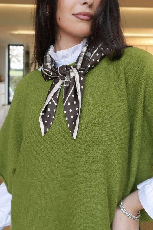 Plaid & Polka Border Triangle Silk Neckerchief Deep Khaki